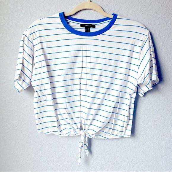 Forever 21 Tie Knot Blue Striped Crop Top Sz M - Picture 1 of 5